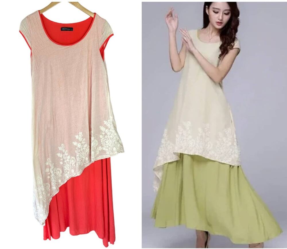 Zanzea Layered Tiered Boho Embroider Maxi Midi Dress M Lagenlook Minimalist